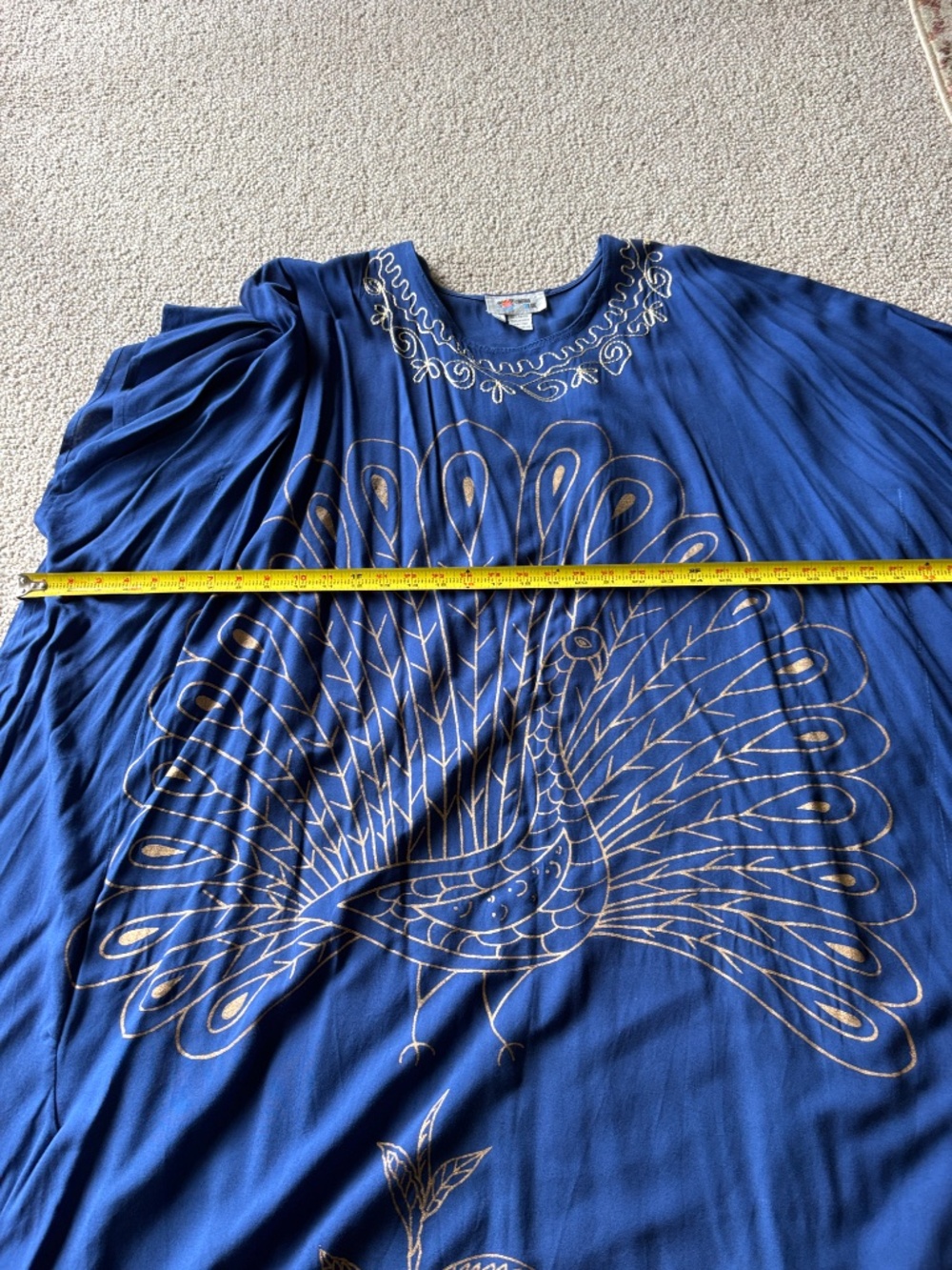 Vintage Blue Gold Peacock Caftan | Resort Vacation Cover Up OS - Picture 8 of 9